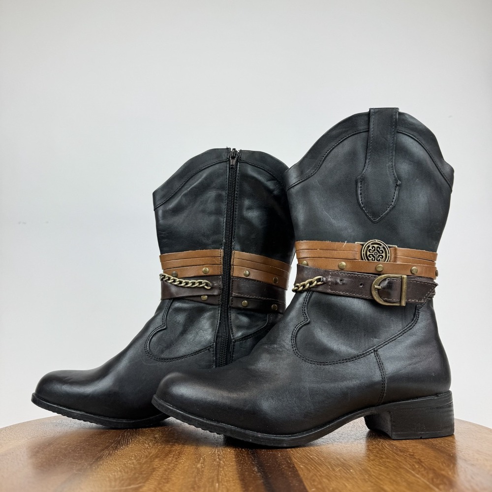 Womens Sandro Moscoloni Robin Belted Black Leather Cowboy Boots Size 7 M GUC - Picture 2 of 9